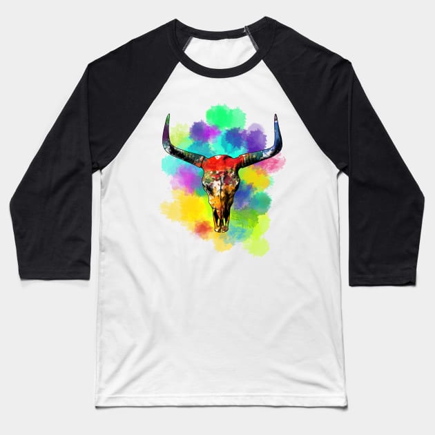 Watercolor Bull Skull Baseball T-Shirt by MarceloMoretti90